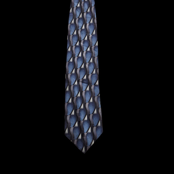 Massini Men’s Tie Blue Gray Geometric Pattern 3.75” Wide 100% Silk Handmade - Picture 2 of 6